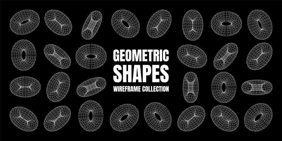 Wireframe shapes, lined torus. Perspective mesh, 3d grid. Low poly geometric 스톡 일러스트