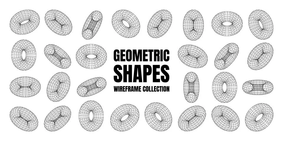 Wireframe shapes, lined torus. Perspective mesh, 3d grid. Low poly geometric Stock Illustration