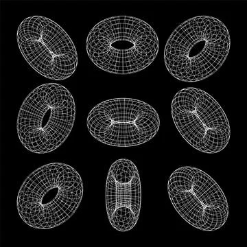Wireframe shapes, lined torus. Perspective mesh, 3d grid. Low poly geometric Stock Illustration