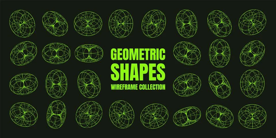 Wireframe shapes, lined torus. Perspective mesh, 3d grid. Low poly geometric 스톡 일러스트