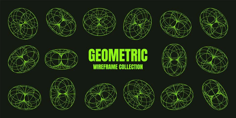 Wireframe shapes, lined torus. Perspective mesh, 3d grid. Low poly geometric Stock Illustration