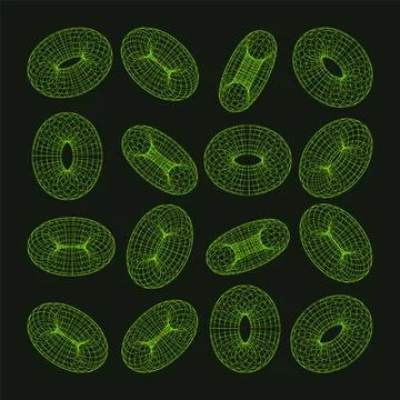 Wireframe shapes, lined torus. Perspective mesh, 3d grid. Low poly geometric Stock Illustration
