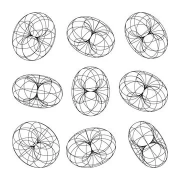 Wireframe shapes, lined torus. Perspective mesh, 3d grid. Low poly geometric Illustrazione stock