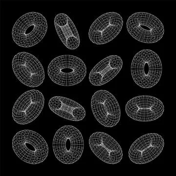 Wireframe shapes, lined torus. Perspective mesh, 3d grid. Low poly geometric Stock-Illustration
