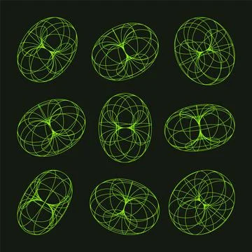 Wireframe shapes, lined torus. Perspective mesh, 3d grid. Low poly geometric Stock Illustration