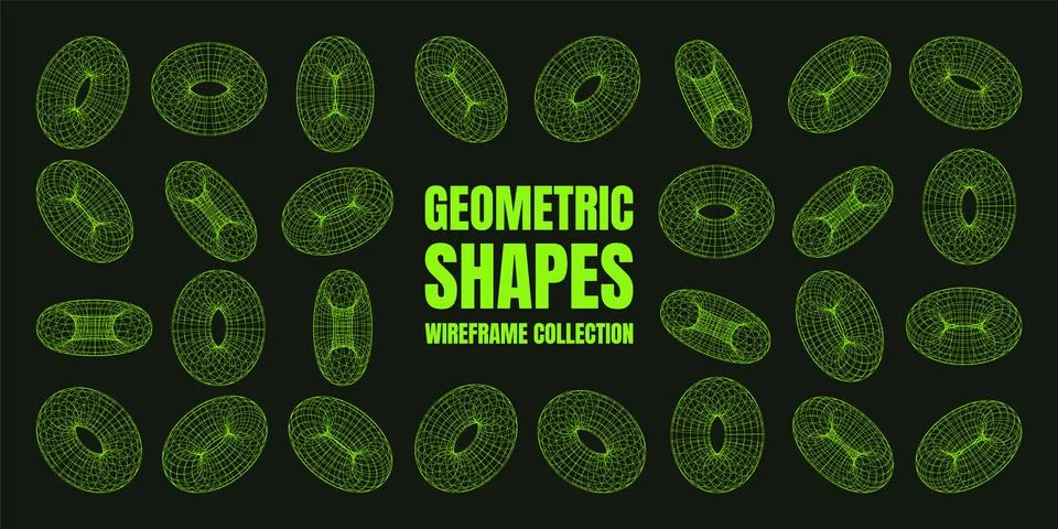Wireframe shapes, lined torus. Perspective mesh, 3d grid. Low poly geometric Stock Illustration