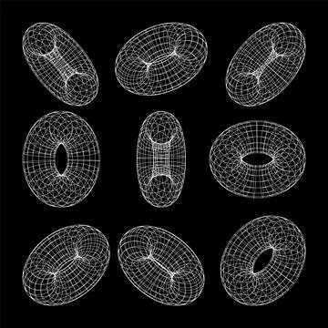 Wireframe shapes, lined torus. Perspective mesh, 3d grid. Low poly geometric Stock Illustration