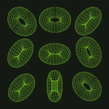 Wireframe shapes, lined torus. Perspective mesh, 3d grid. Low poly geometric Stock Illustration