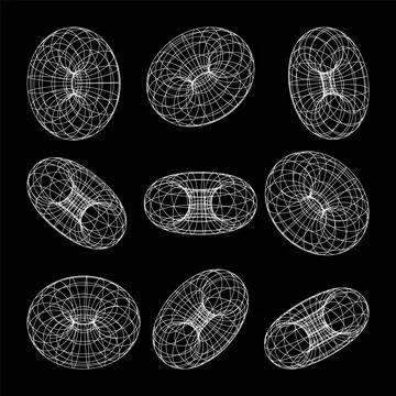 Wireframe shapes, lined torus. Perspective mesh, 3d grid. Low poly geometric Stock Illustration