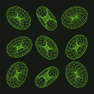 Wireframe shapes, lined torus. Perspective mesh, 3d grid. Low poly geometric Stock Illustration