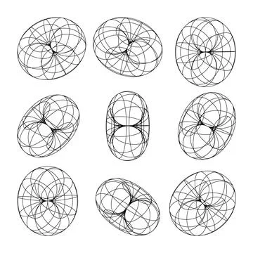 Wireframe shapes, lined torus. Perspective mesh, 3d grid. Low poly geometric Stock Illustration