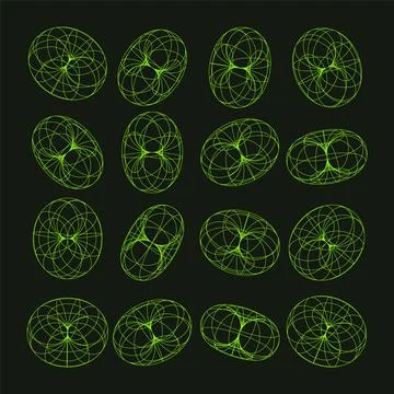 Wireframe shapes, lined torus. Perspective mesh, 3d grid. Low poly geometric Illustrazione stock