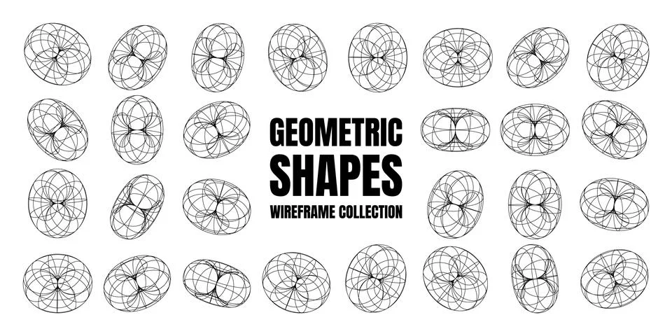Wireframe shapes, lined torus. Perspective mesh, 3d grid. Low poly geometric Illustrazione stock