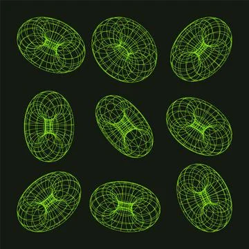 Wireframe shapes, lined torus. Perspective mesh, 3d grid. Low poly geometric Stock Illustration