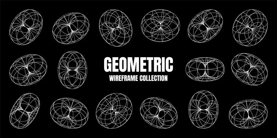 Wireframe shapes, lined torus. Perspective mesh, 3d grid. Low poly geometric Illustrazione stock