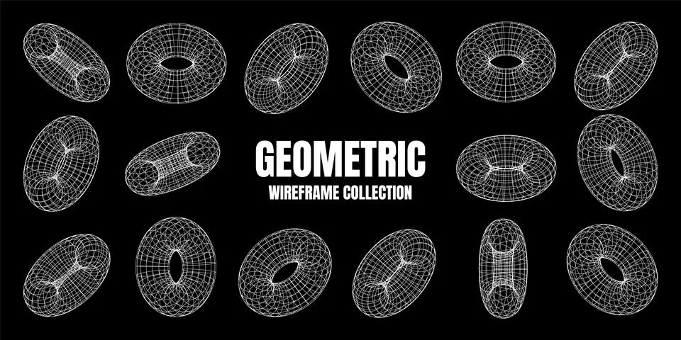 Wireframe shapes, lined torus. Perspective mesh, 3d grid. Low poly geometric Illustrazione stock