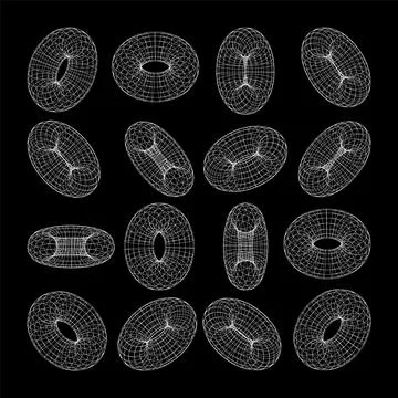 Wireframe shapes, lined torus. Perspective mesh, 3d grid. Low poly geometric Stock Illustration
