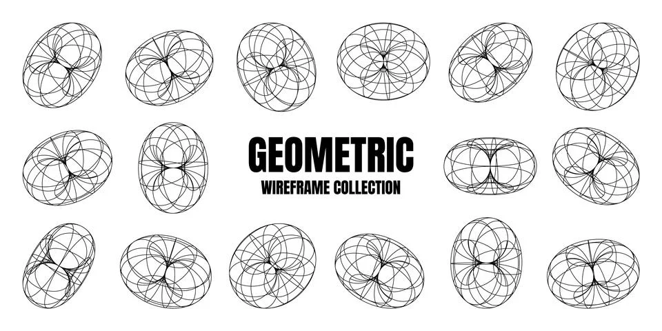 Wireframe shapes, lined torus. Perspective mesh, 3d grid. Low poly geometric Stock Illustration