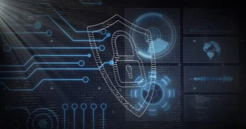 Wireframe shield with lock icon floating in dark grid interface, with circuit Stock Illustration