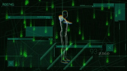 Wireframe silhouette undergoing HUD diagnostic scan on data pulse, rotating Stock Footage 329453777