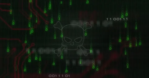 Wireframe skull and crossbones icon floating as green binary digits cascading Stock Footage 307461862