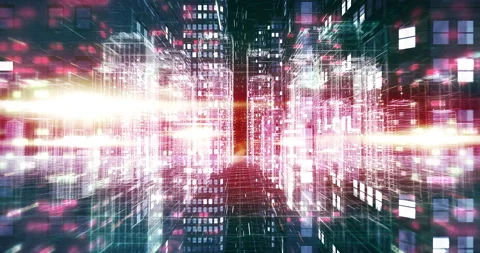 Wireframe skyscraper cityscape evolving into high tech data center. Stock Footage 324747885