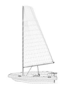 Wireframe of a small boat with a sail made of black lines isolated on a white Stock Illustration