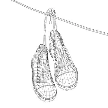Wireframe Sneakers hanging from a rope on the white background. Vector Stock Illustration