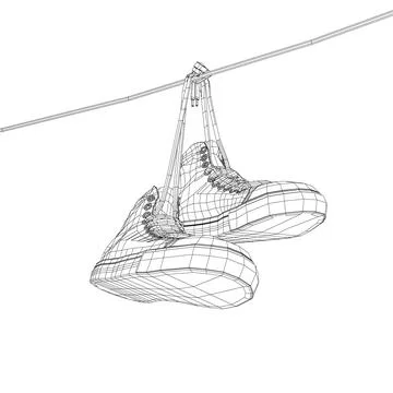 Wireframe Sneakers hanging from a rope on the white background. Vector Stock Illustration