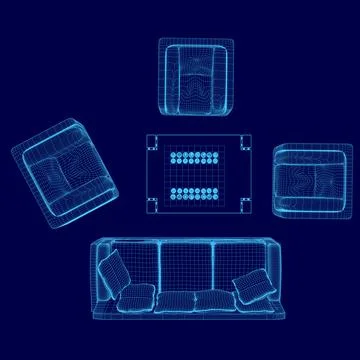 Wireframe sofa, armchairs and table with chess. Top view. Vector illustration. Stock Illustration