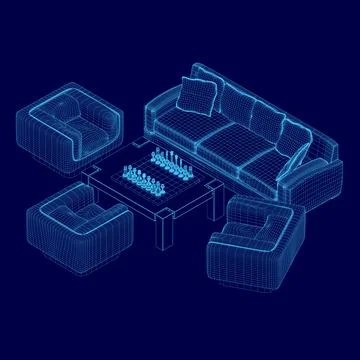 Wireframe sofa, armchairs and table with chess. Isometric view. Vector Stock Illustration