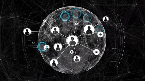 Wireframe sphere activating core marker, extending lines, linking avatars, 库存影片 330330869