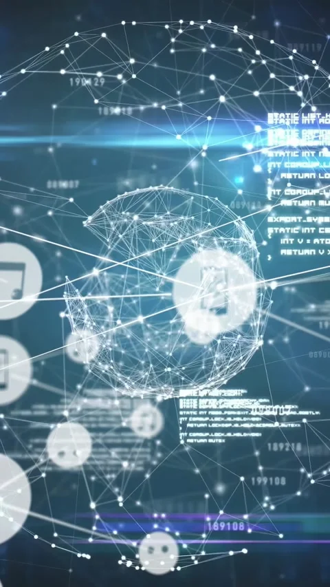 Wireframe sphere pulsing in tech HUD, data pushing phone icon center, Stock Footage 334543770