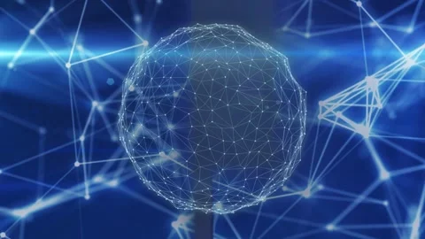 Wireframe sphere rotating, pulsing nodes as light streak sweeping, linking Stock Footage 334729126