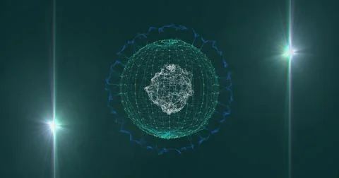 Wireframe sphere rotating pulsing white nodes in green field, with blue waveform Stock Illustration