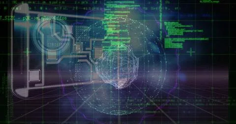 Wireframe sphere rotating in virtual space, with grid plane, floating code text Stock Illustration