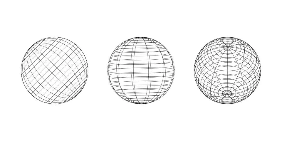 Wireframe spheres in different angles. Globe grid frame elements set. Geometric Ilustração Stock