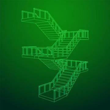 Wireframe stairs, interior staircases steps with railing Illustrazione stock