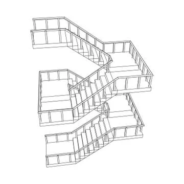 Wireframe stairs, interior staircases steps with railing Stock Illustration