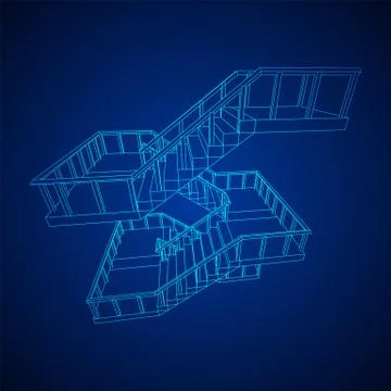 Wireframe stairs, interior staircases steps with railing Stock Illustration