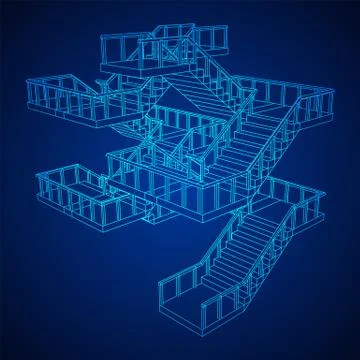 Wireframe stairs, interior staircases steps with railing Illustrazione stock