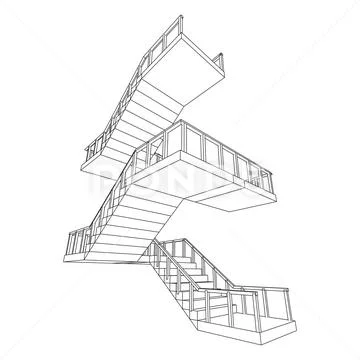 Wireframe stairs, interior staircases steps with railing ~ Clip Art ...