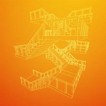 Wireframe stairs, interior staircases steps with railing Stock Illustration