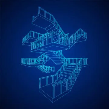 Wireframe stairs, interior staircases steps with railing 스톡 일러스트