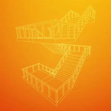 Wireframe stairs, interior staircases steps with railing 스톡 일러스트