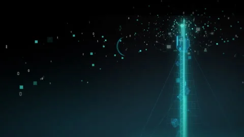 Wireframe technology transmission Tower sends binary data packets. Seamless Loop Video stock 133571829