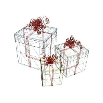 Wireframe of three gift boxes with ribbons isolated on white background. Visa Stock Illustration