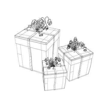 Wireframe of three gift boxes with ribbons made of black lines isolated on a Stock Illustration
