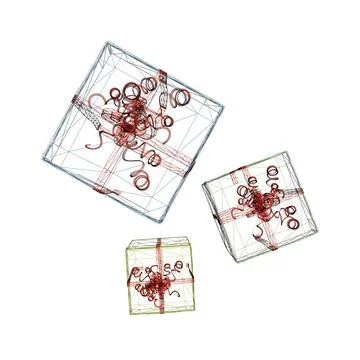 Wireframe of three gift boxes with ribbons isolated on white background. Visa Stock Illustration