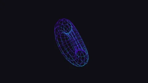 Wireframe torus rotating in dark space showing purple and blue digital grid.. Stock Footage 342431555